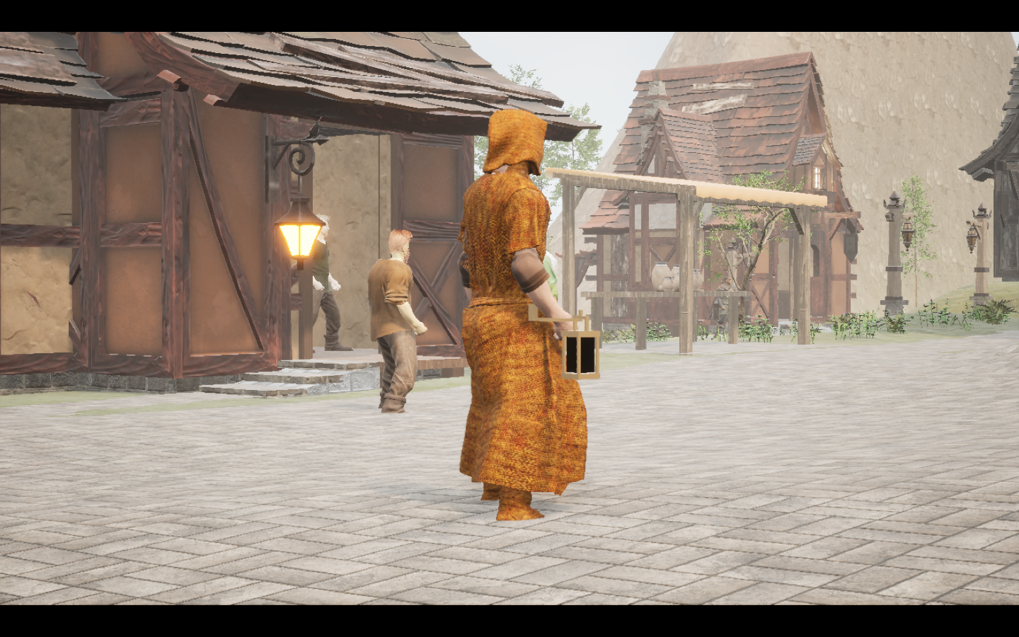 Worn in the complete Amberscale linen mage armour outfit. Native game screenshot, masculine average body, rear three-quarter view.