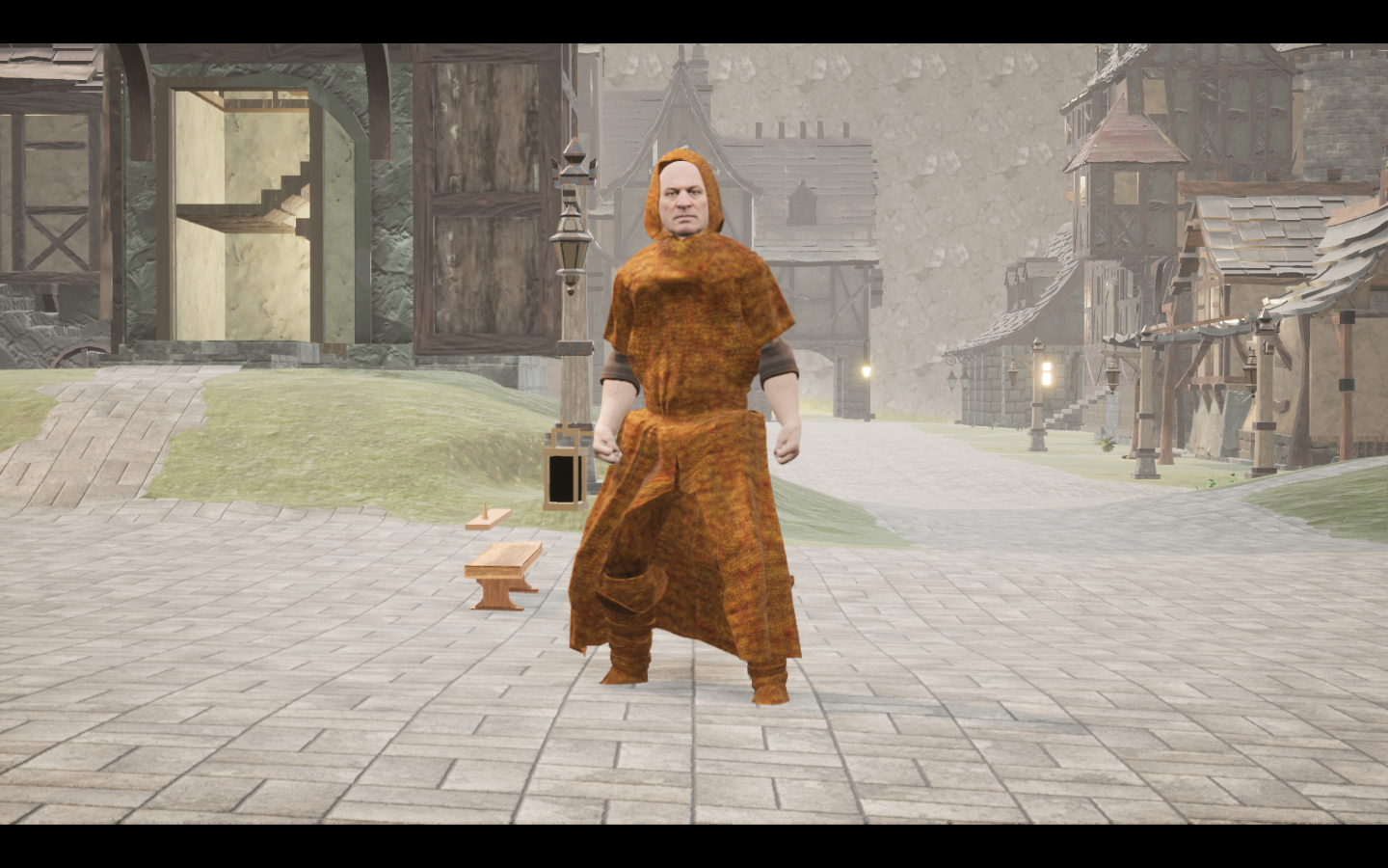 Worn in the complete Amberscale linen mage armour outfit. Native game screenshot, masculine average body, front view.