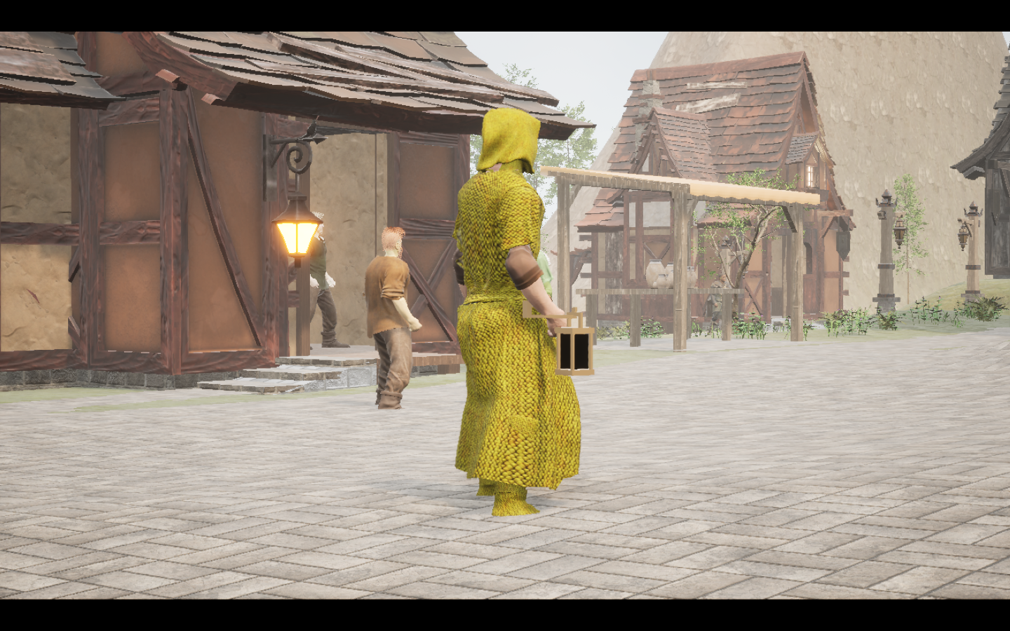 Worn in the complete Wyrmscale linen mage armour outfit. Native game screenshot, masculine average body, rear three-quarter view.