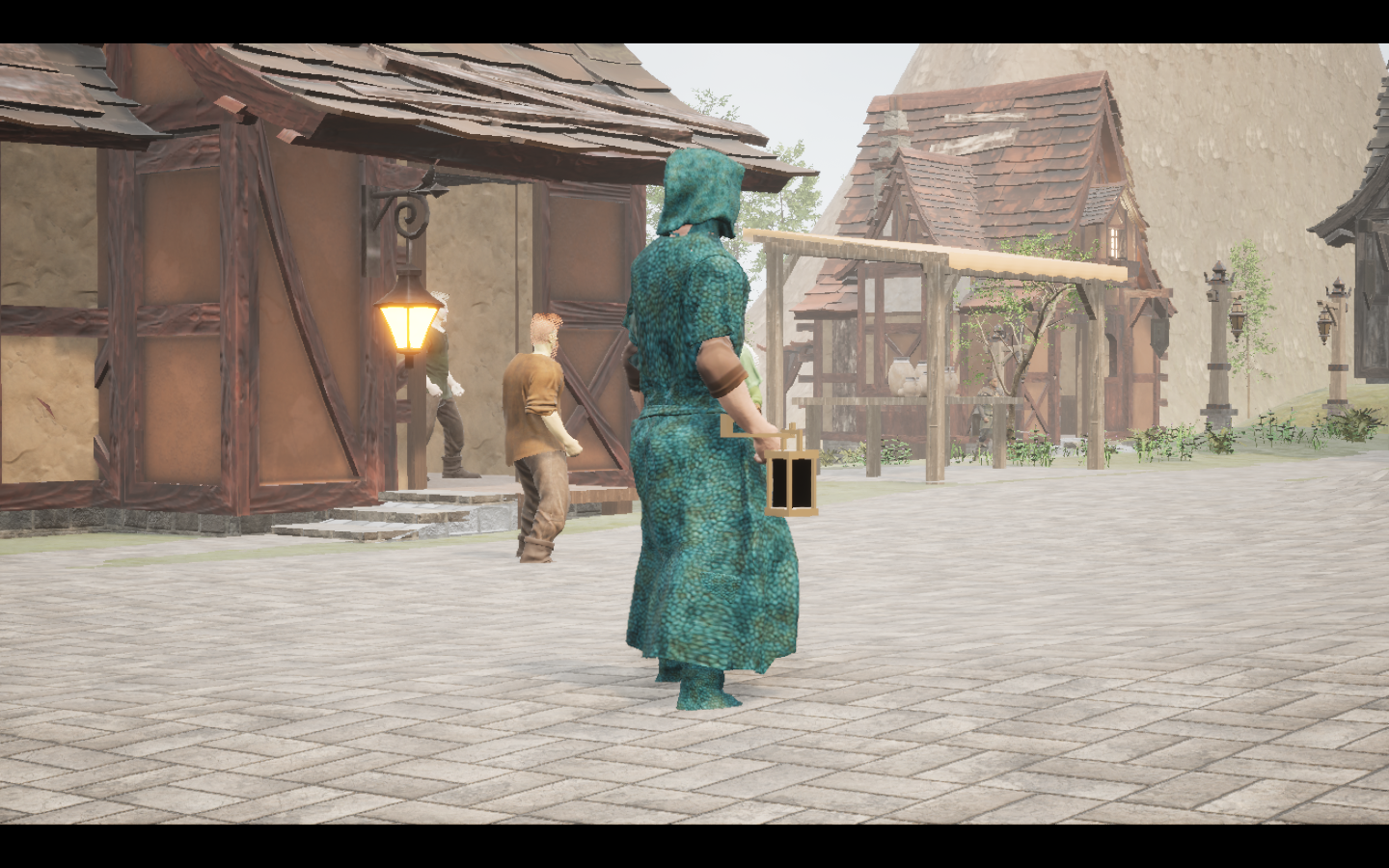 Worn in the complete Tidescale linen mage armour outfit. Native game screenshot, masculine average body, rear three-quarter view.