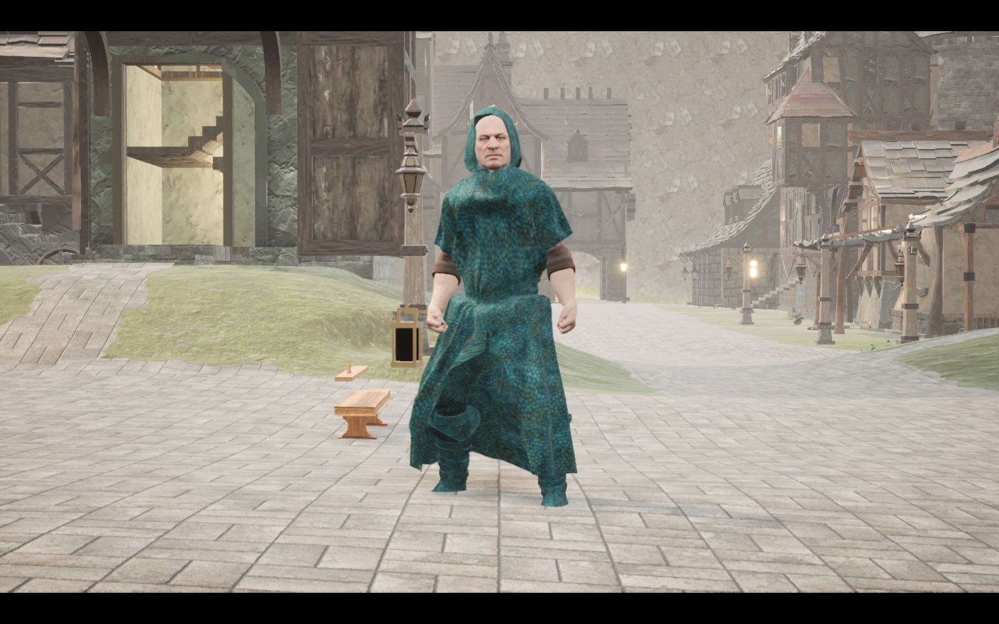 Worn in the complete Tidescale linen mage armour outfit. Native game screenshot, masculine average body, front view.