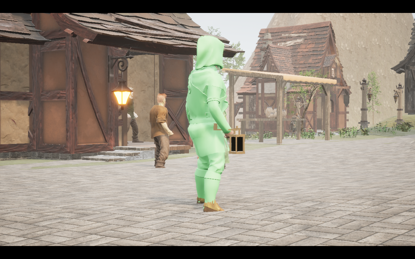 Worn in the complete Scaleweave armour outfit. Native game screenshot, masculine average body, rear three-quarter view.