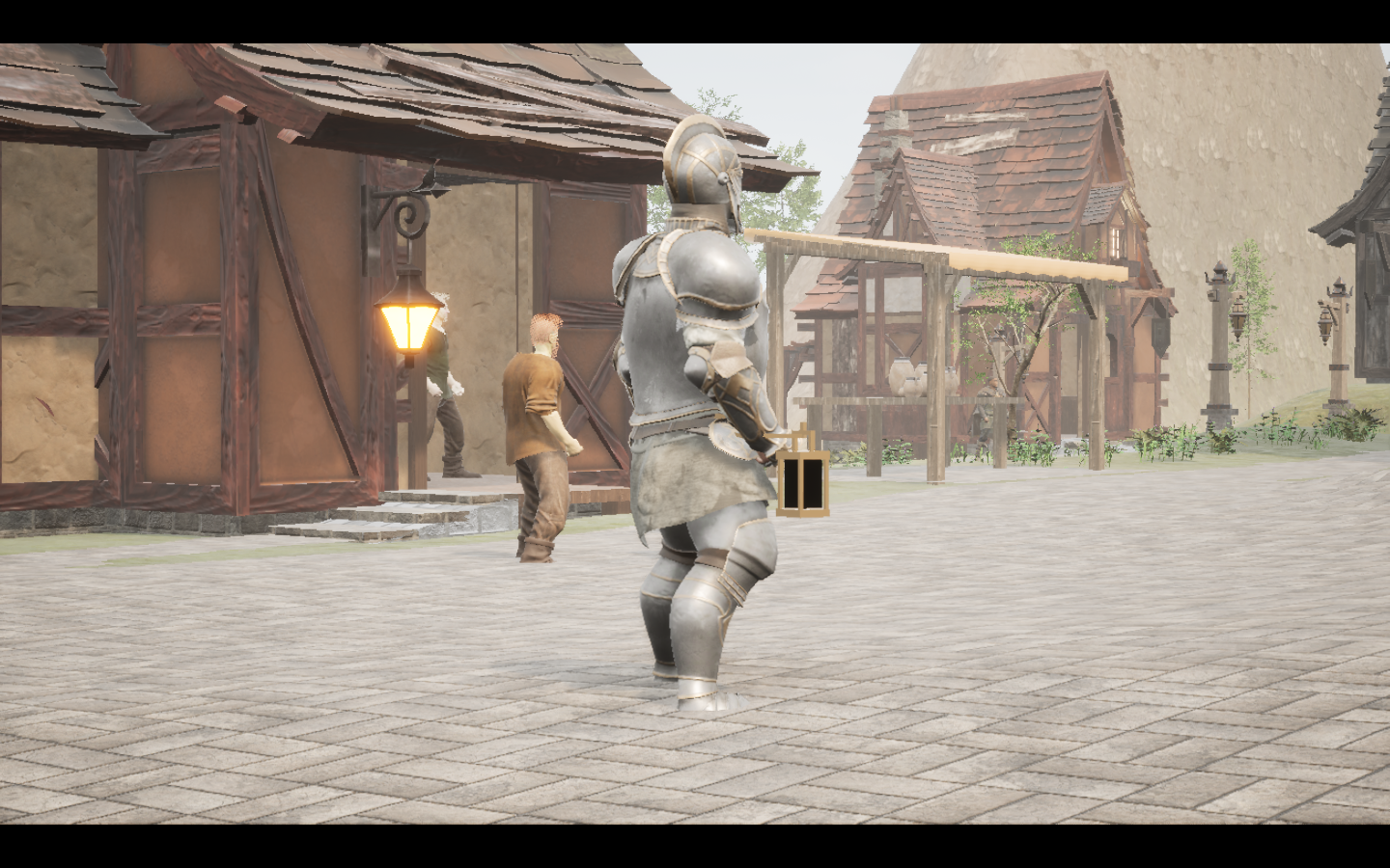 Worn in the complete Frost steel armour outfit. Native game screenshot, masculine average body, rear three-quarter view.