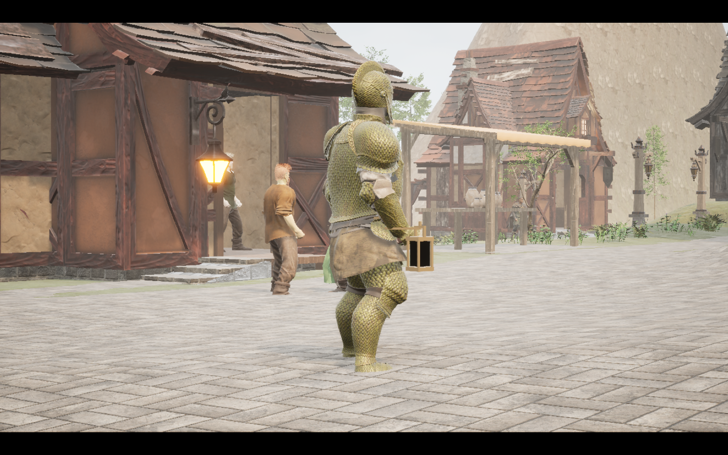 Worn in the complete Wyrmscale steel armour outfit. Native game screenshot, masculine average body, rear three-quarter view.