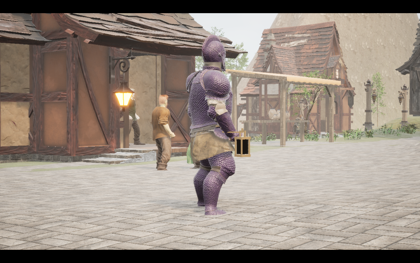 Worn in the complete Amethyst steel armour outfit. Native game screenshot, masculine average body, rear three-quarter view.