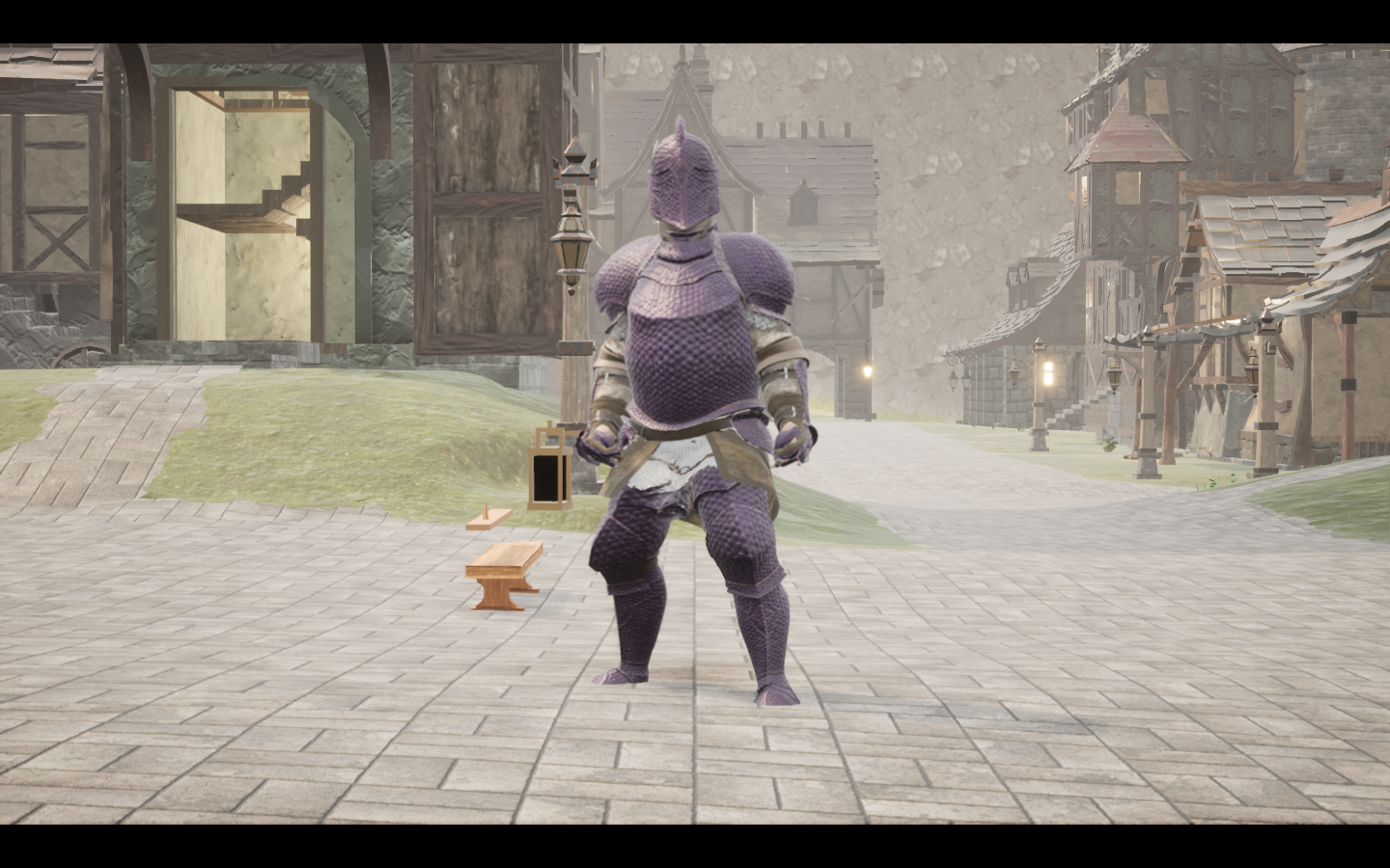 Worn in the complete Amethyst steel armour outfit. Native game screenshot, masculine average body, front view.