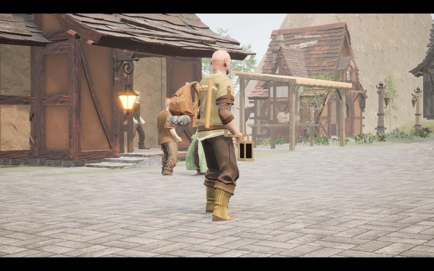 Hunter's frame equipped in game. Native game screenshot, masculine average body, rear three-quarter view.