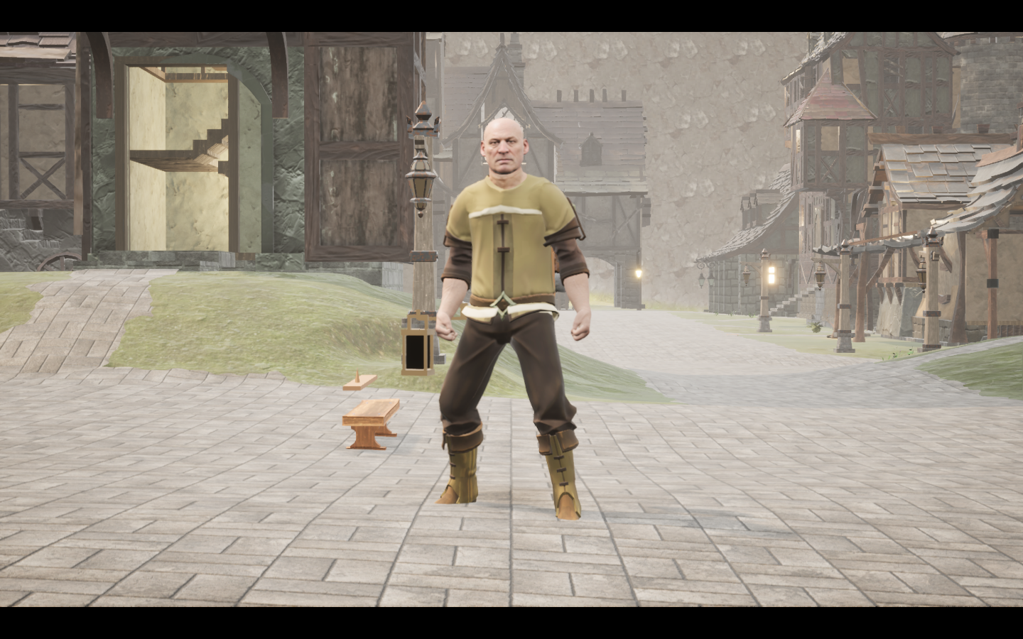 Hunter's frame equipped in game. Native game screenshot, masculine average body, front view.