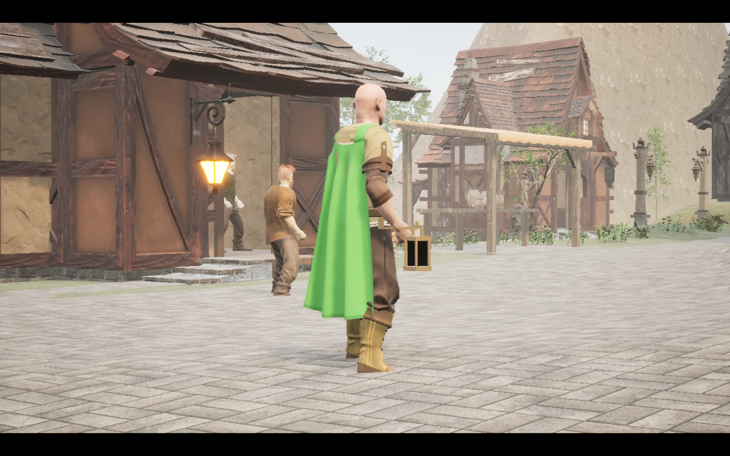 Moss Travel cape equipped in game. Native game screenshot, masculine average body, rear three-quarter view.