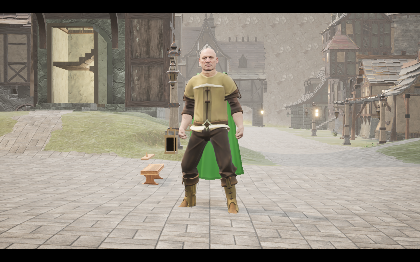 Moss Travel cape equipped in game. Native game screenshot, masculine average body, front view.