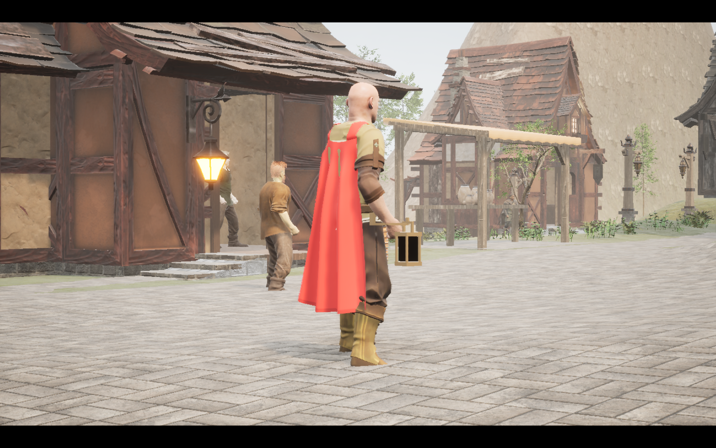 Crimson Travel cape equipped in game. Native game screenshot, masculine average body, rear three-quarter view.