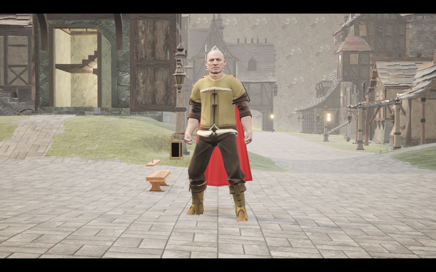 Crimson Travel cape equipped in game. Native game screenshot, masculine average body, front view.
