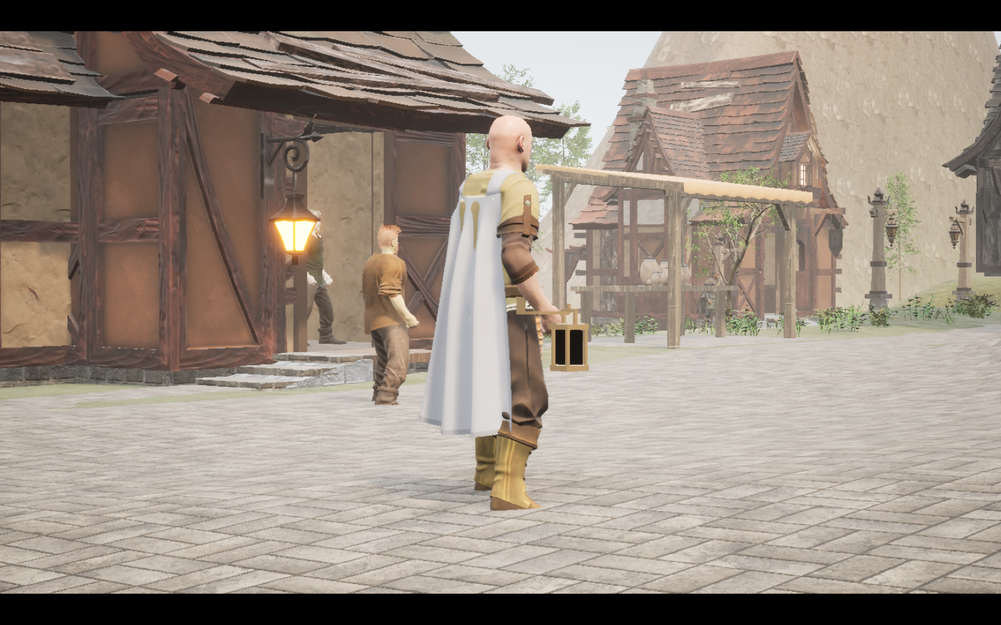 Ash Travel cape equipped in game. Native game screenshot, masculine average body, rear three-quarter view.