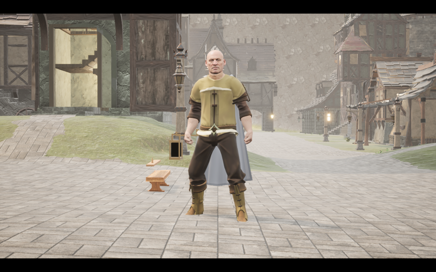 Ash Travel cape equipped in game. Native game screenshot, masculine average body, front view.