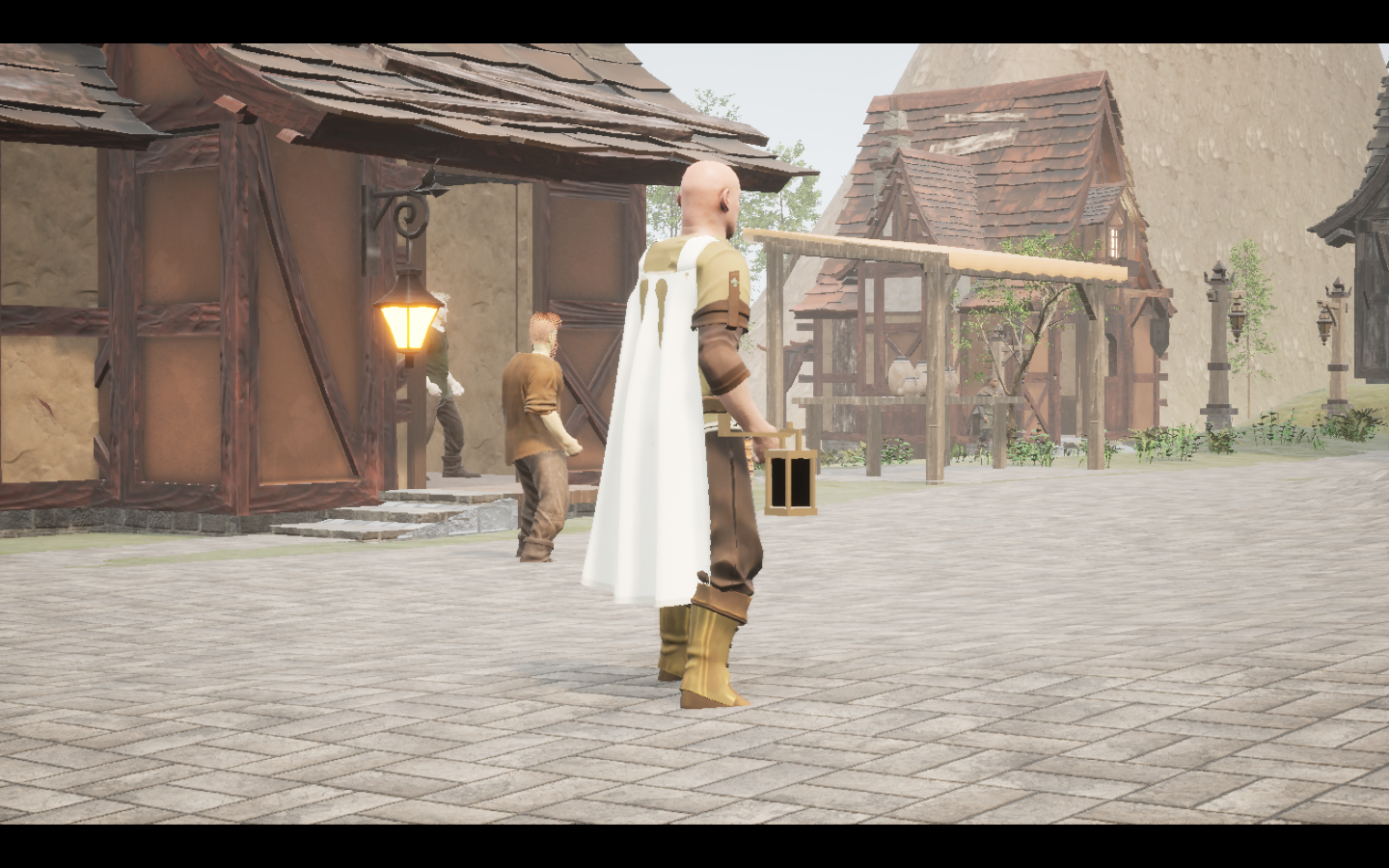 Frost Travel cape equipped in game. Native game screenshot, masculine average body, rear three-quarter view.