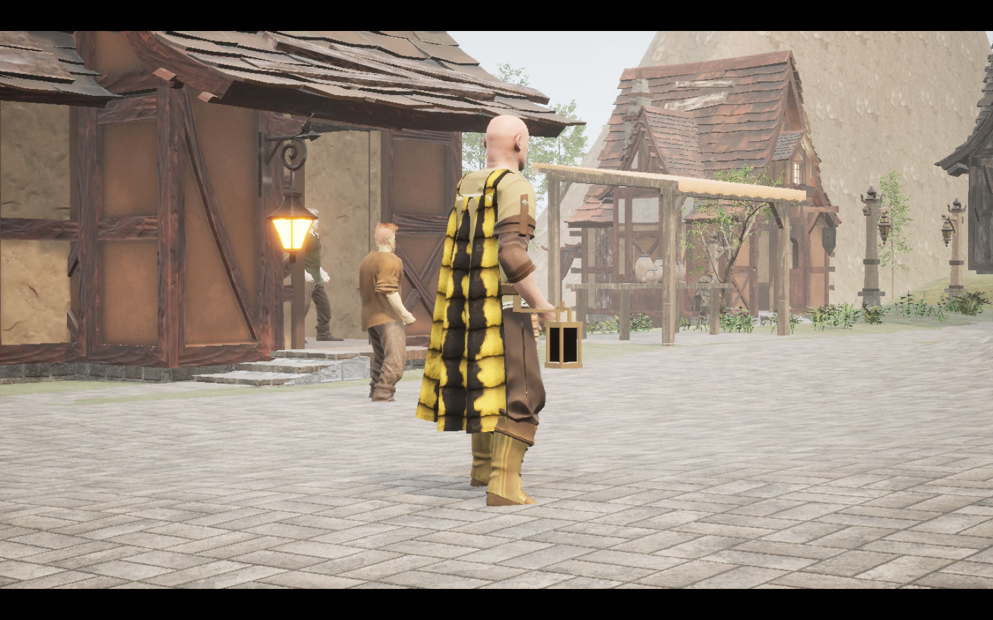 Venomstripe Travel cape equipped in game. Native game screenshot, masculine average body, rear three-quarter view.