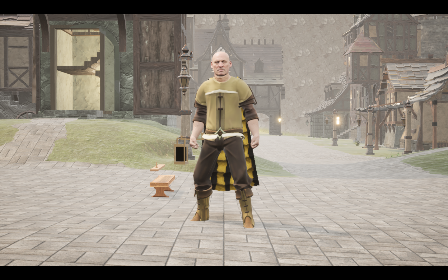 Venomstripe Travel cape equipped in game. Native game screenshot, masculine average body, front view.