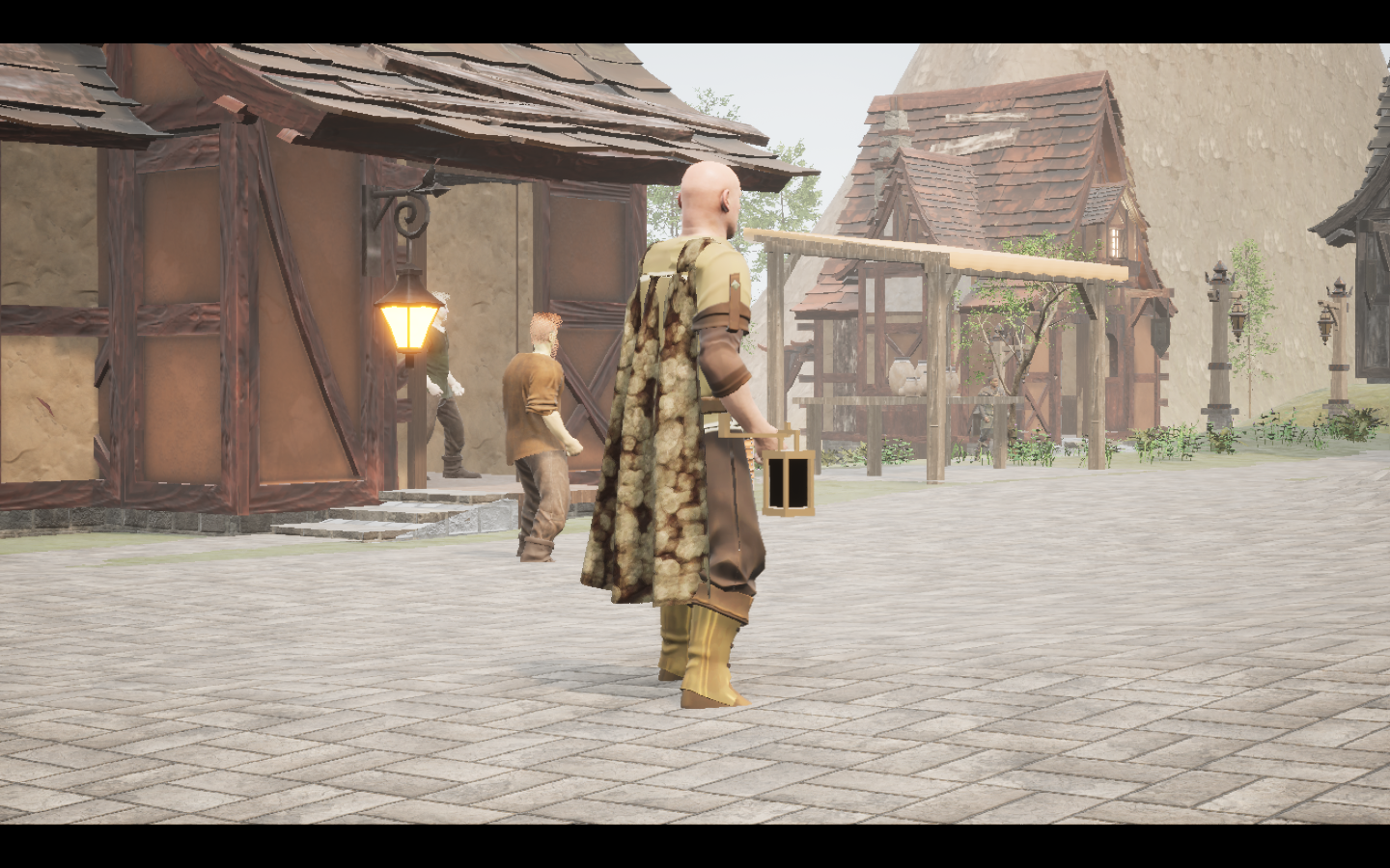 Stonehide Travel cape equipped in game. Native game screenshot, masculine average body, rear three-quarter view.