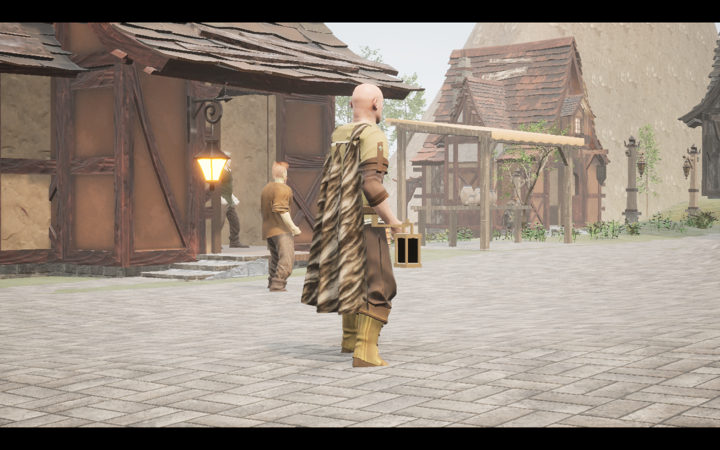 Rootbound Travel cape equipped in game. Native game screenshot, masculine average body, rear three-quarter view.