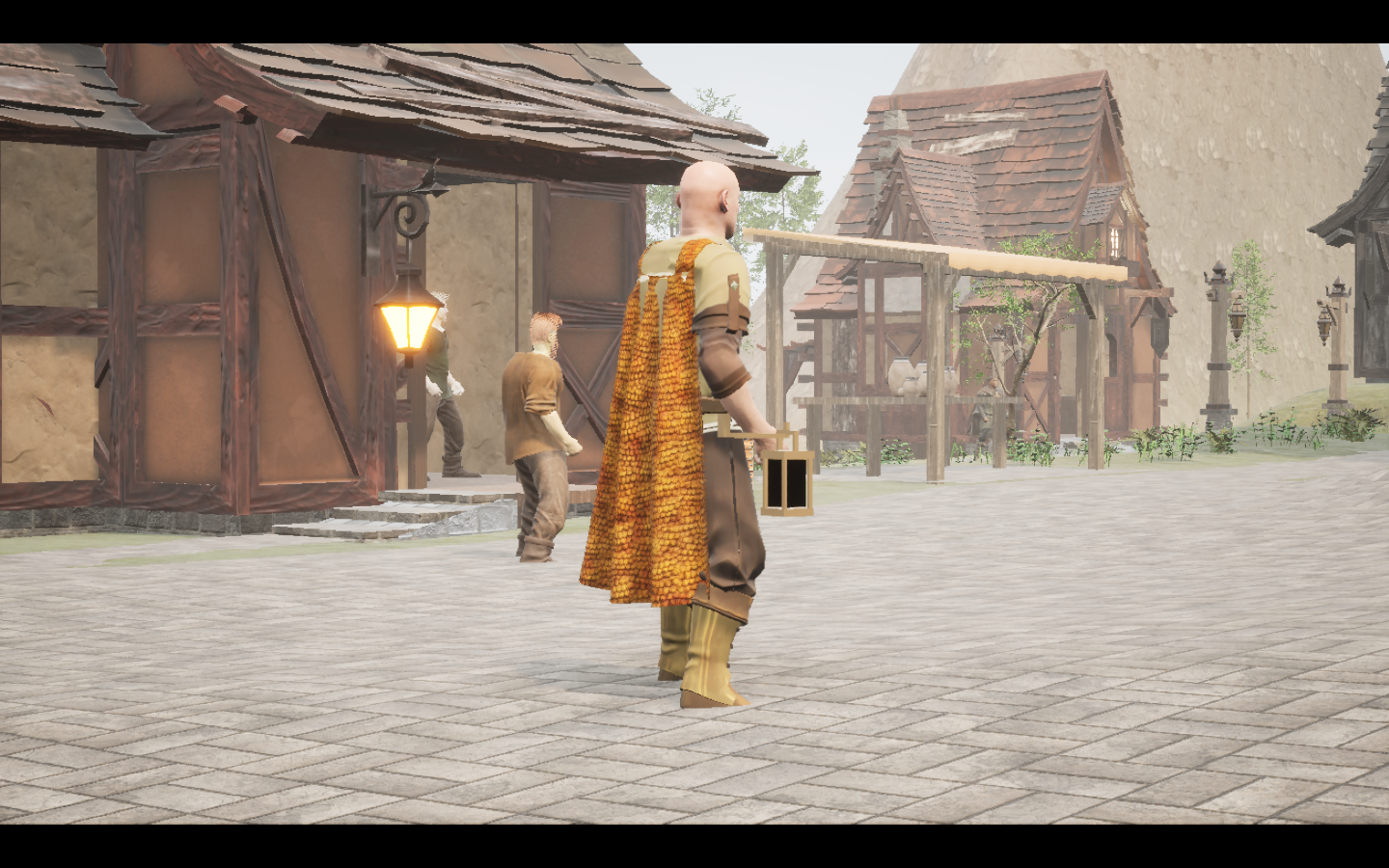 Amberscale Travel cape equipped in game. Native game screenshot, masculine average body, rear three-quarter view.