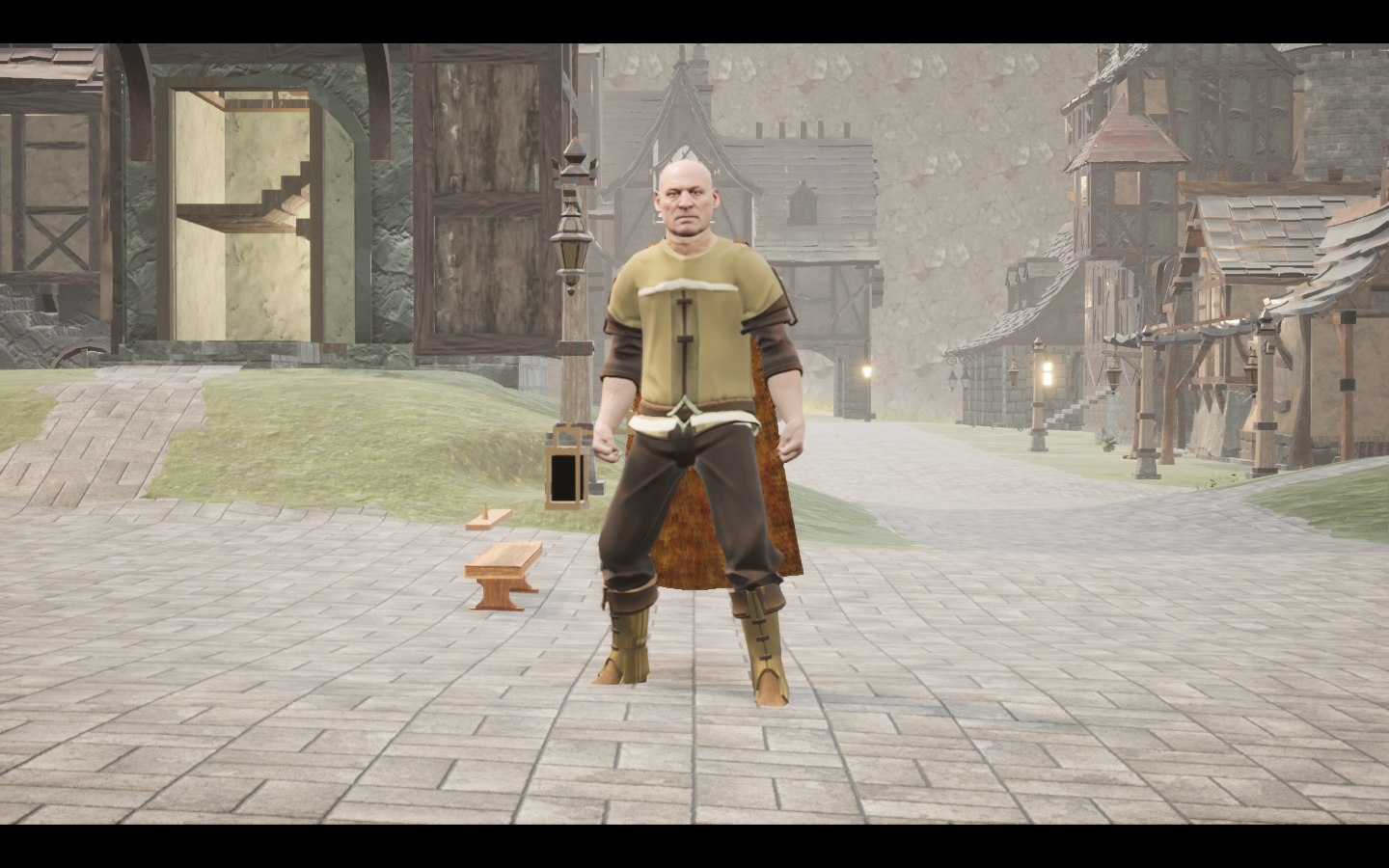 Amberscale Travel cape equipped in game. Native game screenshot, masculine average body, front view.