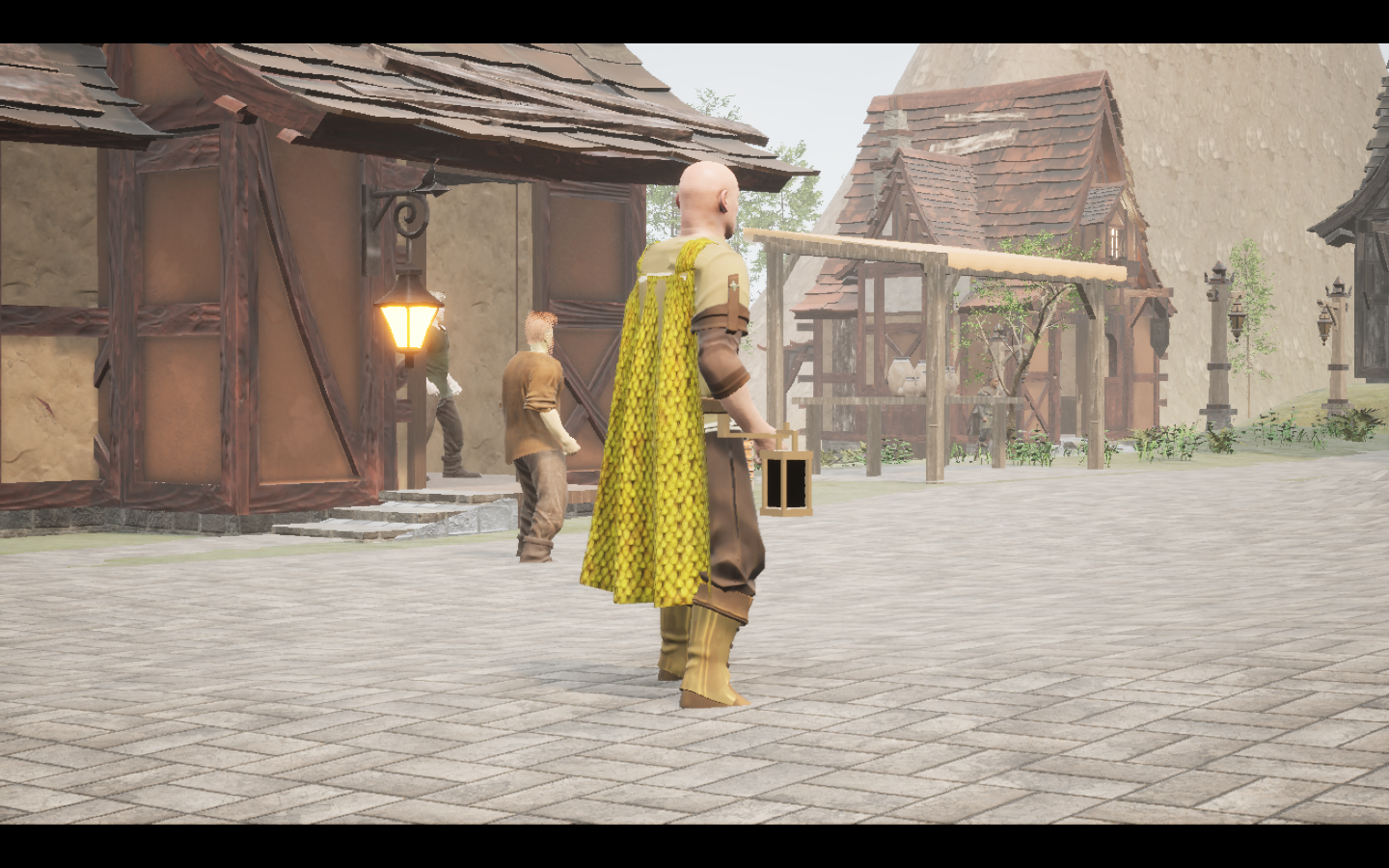 Wyrmscale Travel cape equipped in game. Native game screenshot, masculine average body, rear three-quarter view.