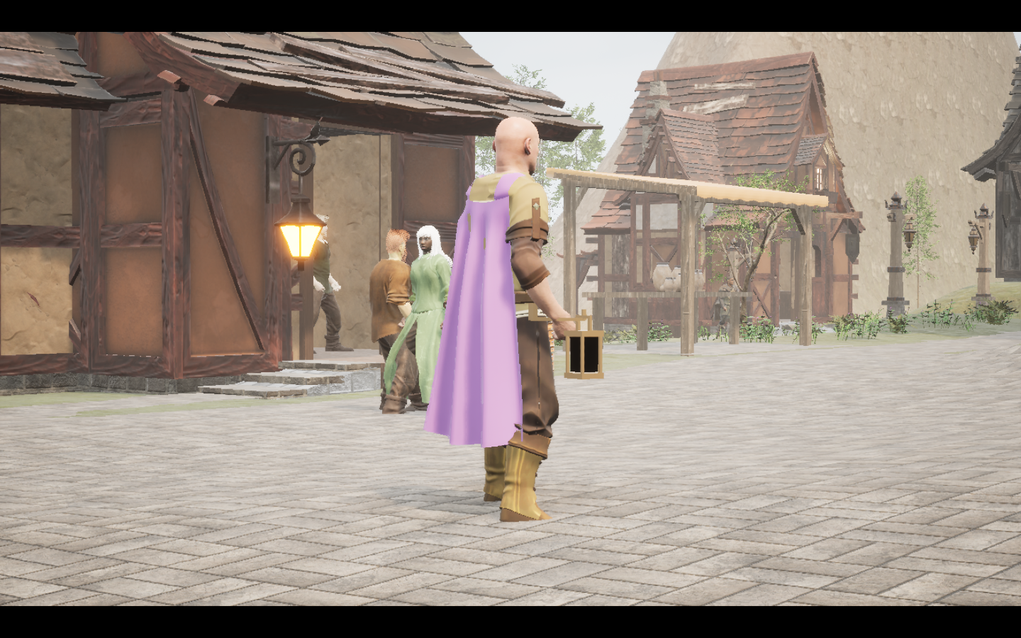 Duskveil mantle equipped in game. Native game screenshot, masculine average body, rear three-quarter view.