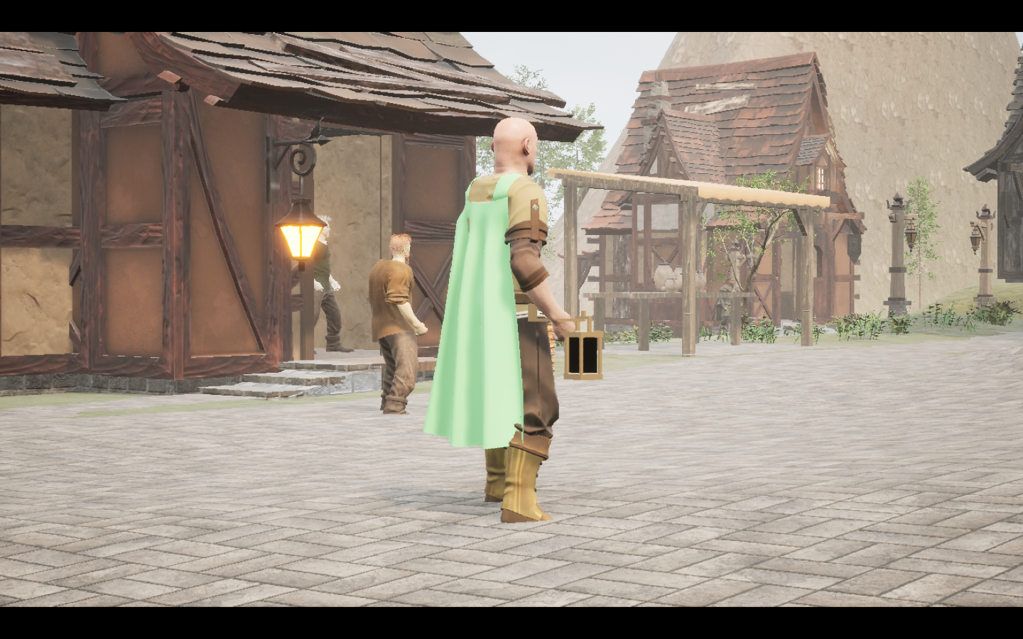 Forager's mantle equipped in game. Native game screenshot, masculine average body, rear three-quarter view.