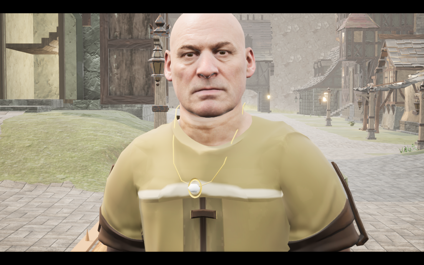 Quartz gold amulet equipped in game. Native game screenshot, masculine average body, front view.