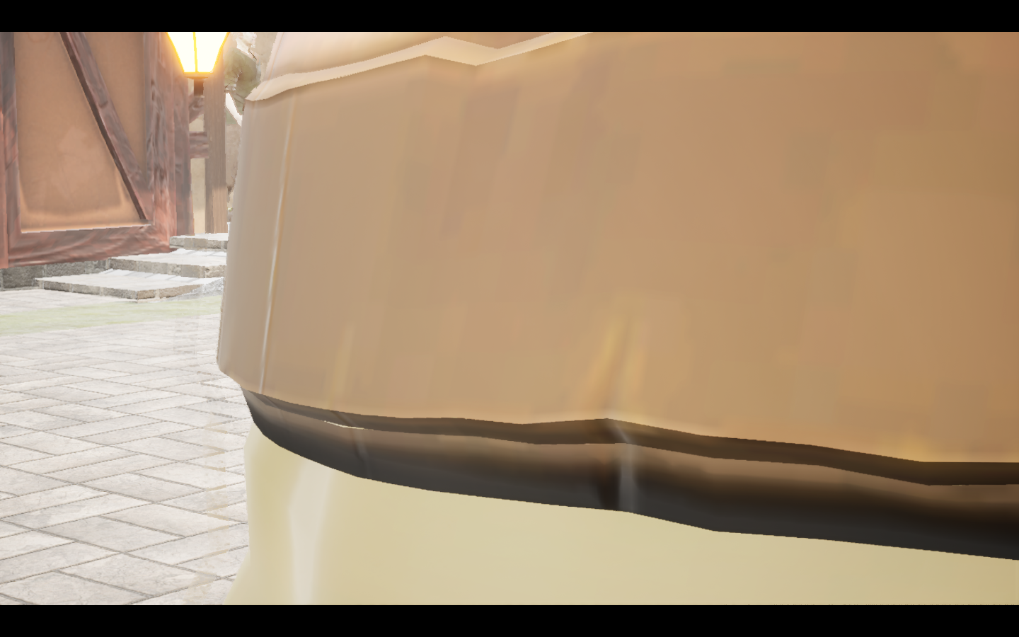 Garnet gold ring equipped in game. Native game screenshot, masculine average body, rear three-quarter view.