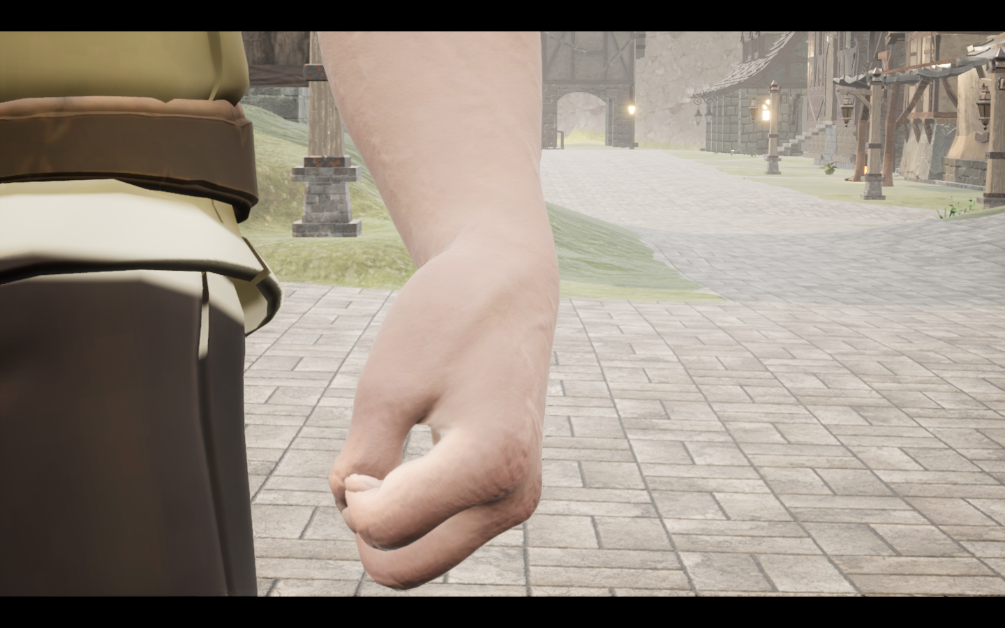 Garnet gold ring equipped in game. Native game screenshot, masculine average body, front view.