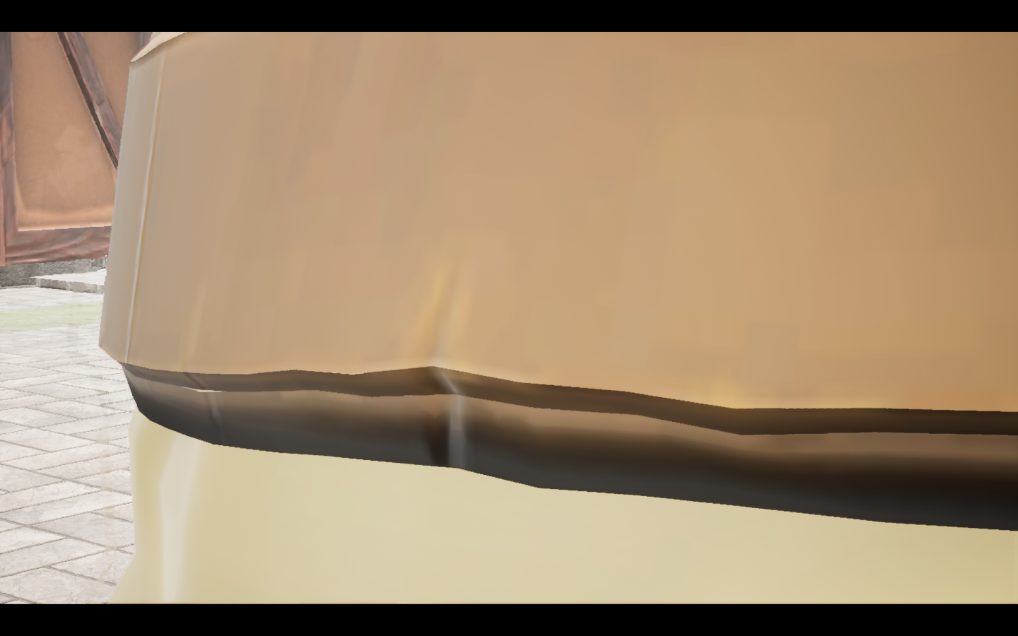Amethyst gold ring equipped in game. Native game screenshot, masculine average body, rear three-quarter view.