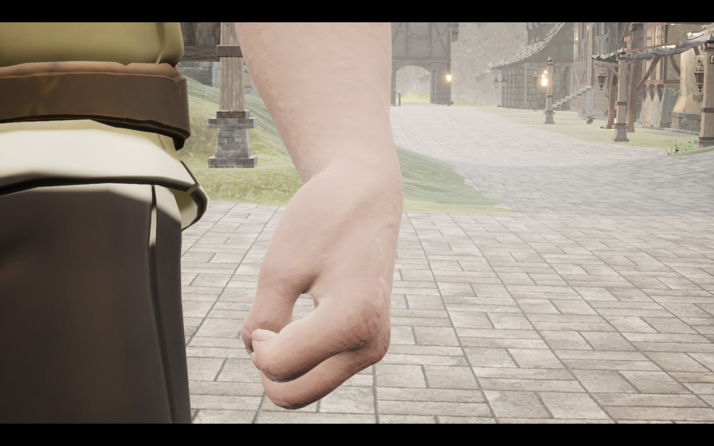 Amethyst gold ring equipped in game. Native game screenshot, masculine average body, front view.