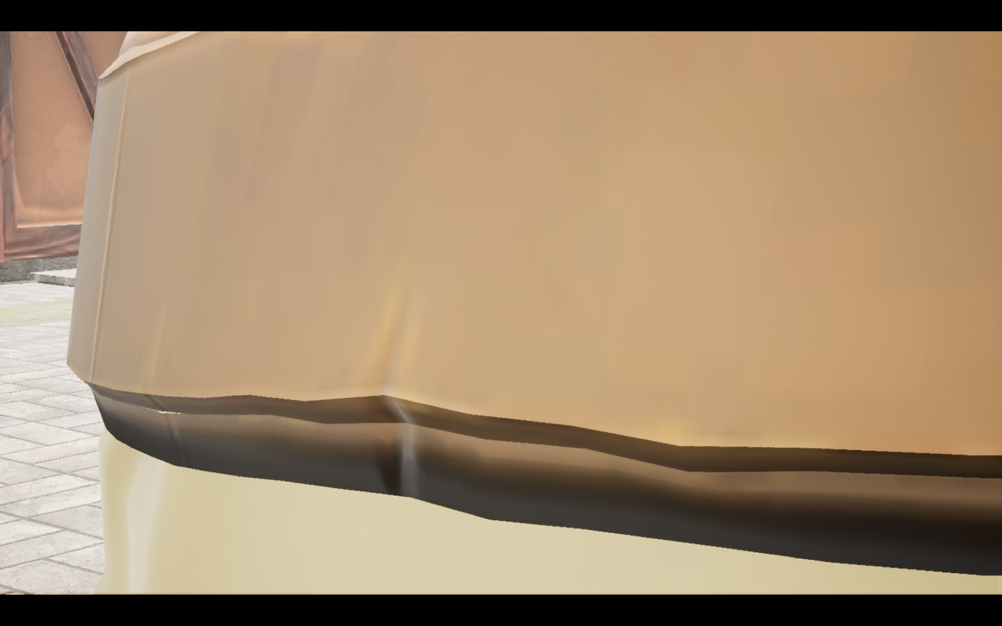 Topaz gold ring equipped in game. Native game screenshot, masculine average body, rear three-quarter view.