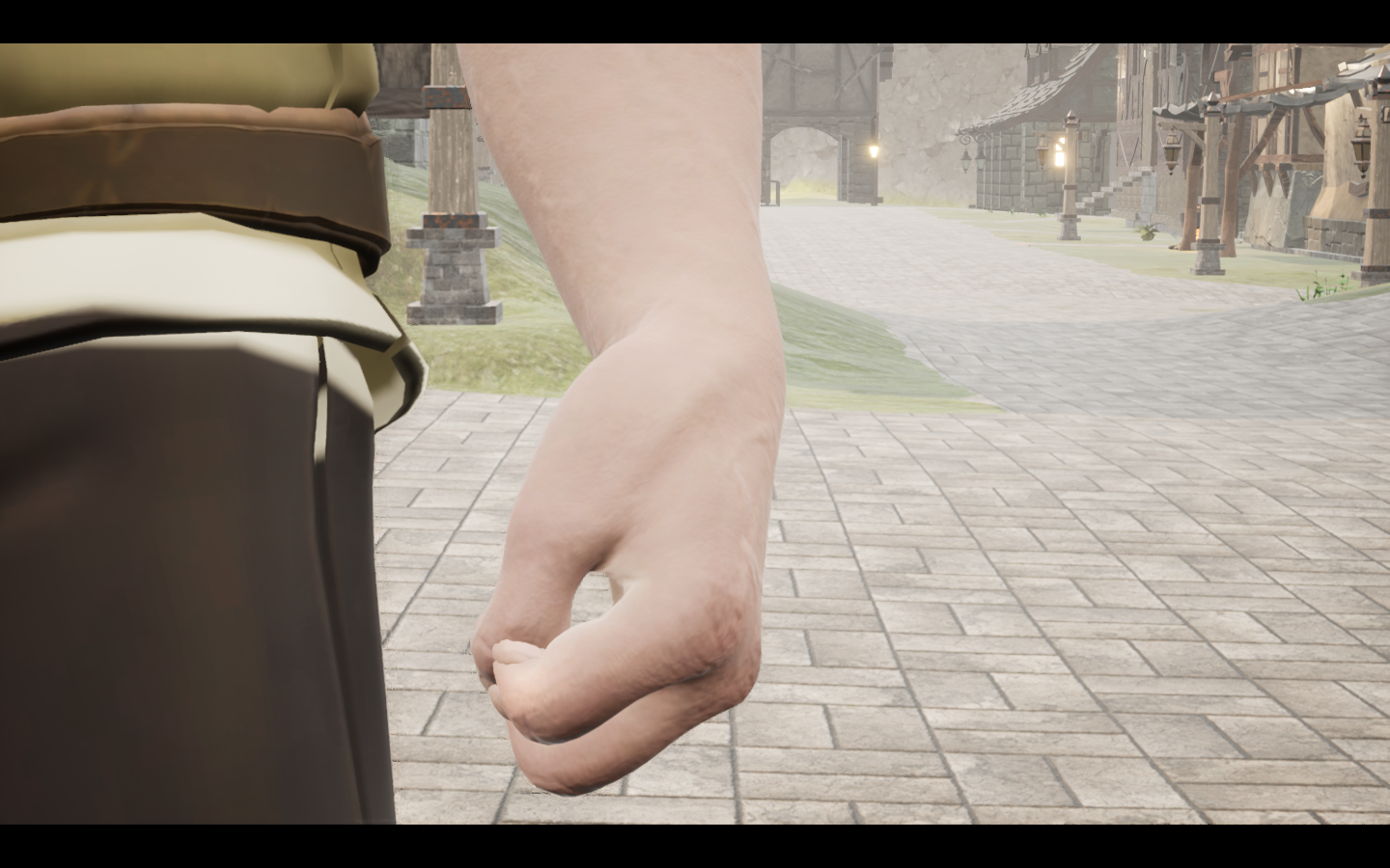 Topaz gold ring equipped in game. Native game screenshot, masculine average body, front view.