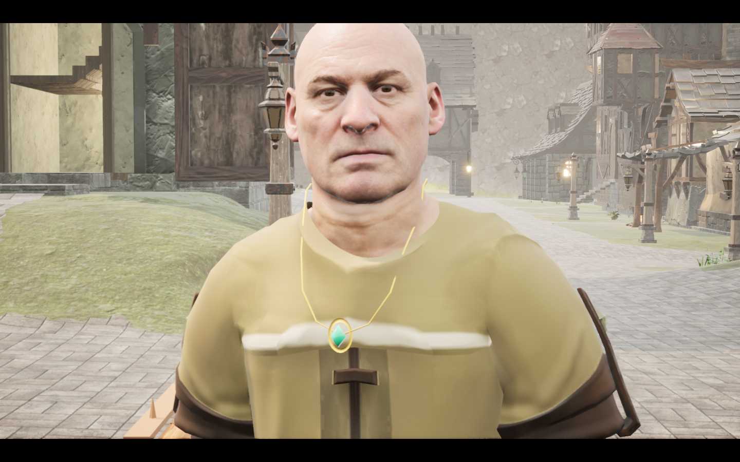 Emerald gold amulet equipped in game. Native game screenshot, masculine average body, front view.