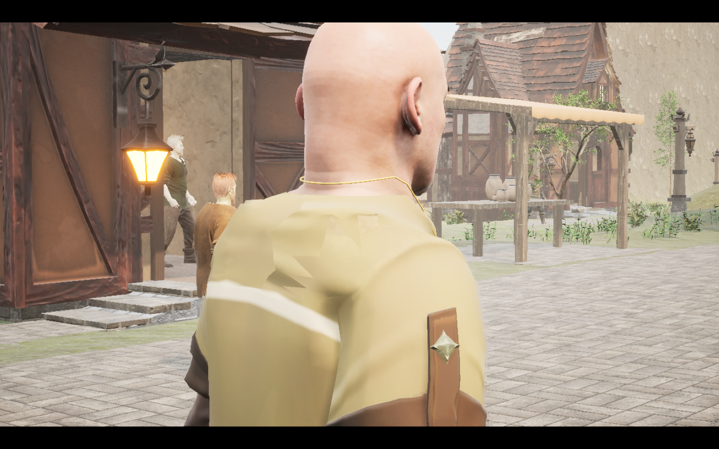 Veilward amulet equipped in game. Native game screenshot, masculine average body, rear three-quarter view.