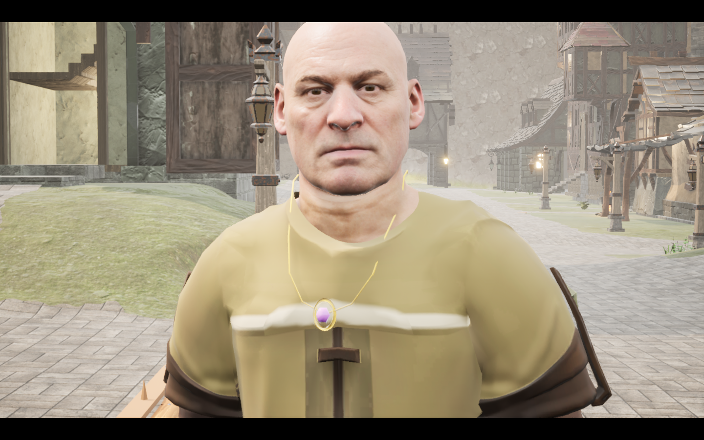 Veilward amulet equipped in game. Native game screenshot, masculine average body, front view.