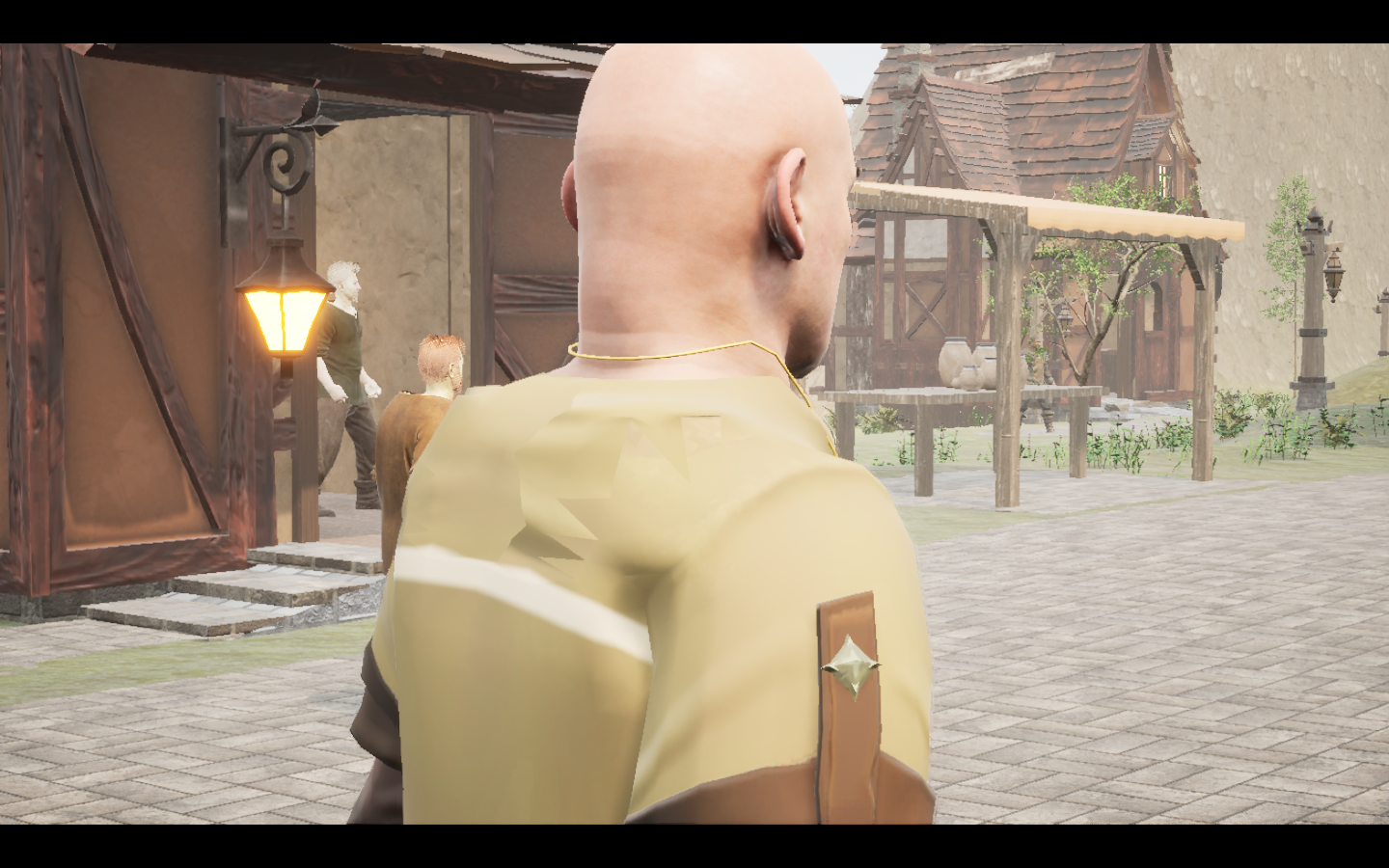 Surehand amulet equipped in game. Native game screenshot, masculine average body, rear three-quarter view.