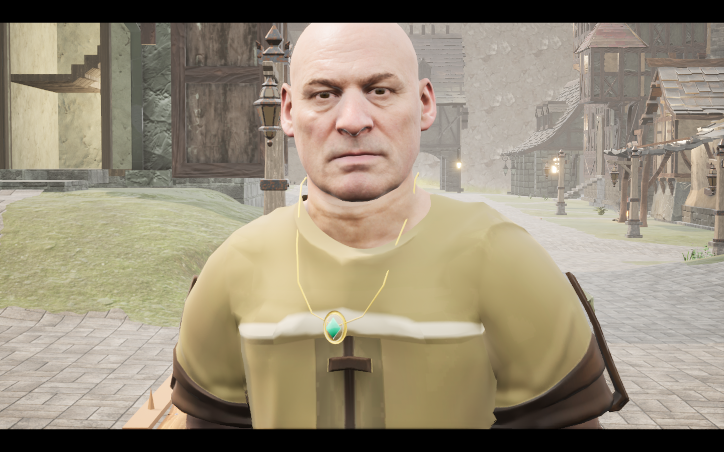 Warden's amulet equipped in game. Native game screenshot, masculine average body, front view.