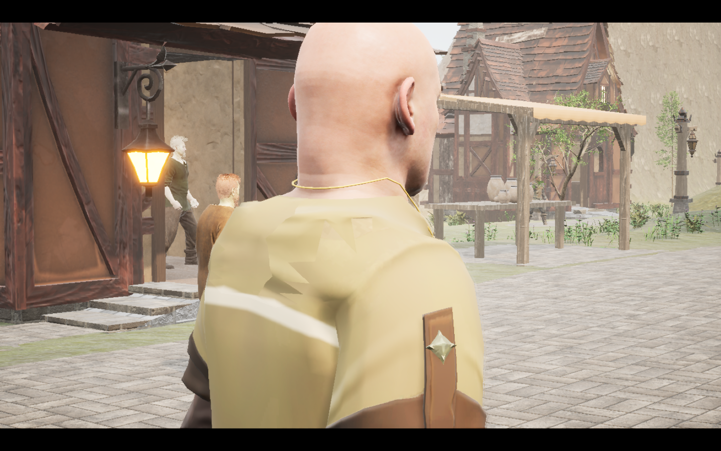 Prismatic amulet equipped in game. Native game screenshot, masculine average body, rear three-quarter view.