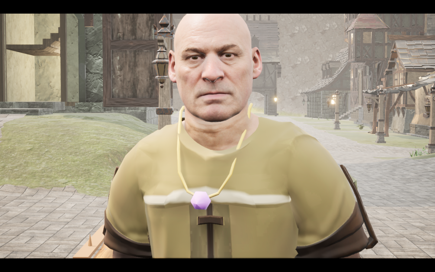 Artisan's pendant equipped in game. Native game screenshot, masculine average body, front view.