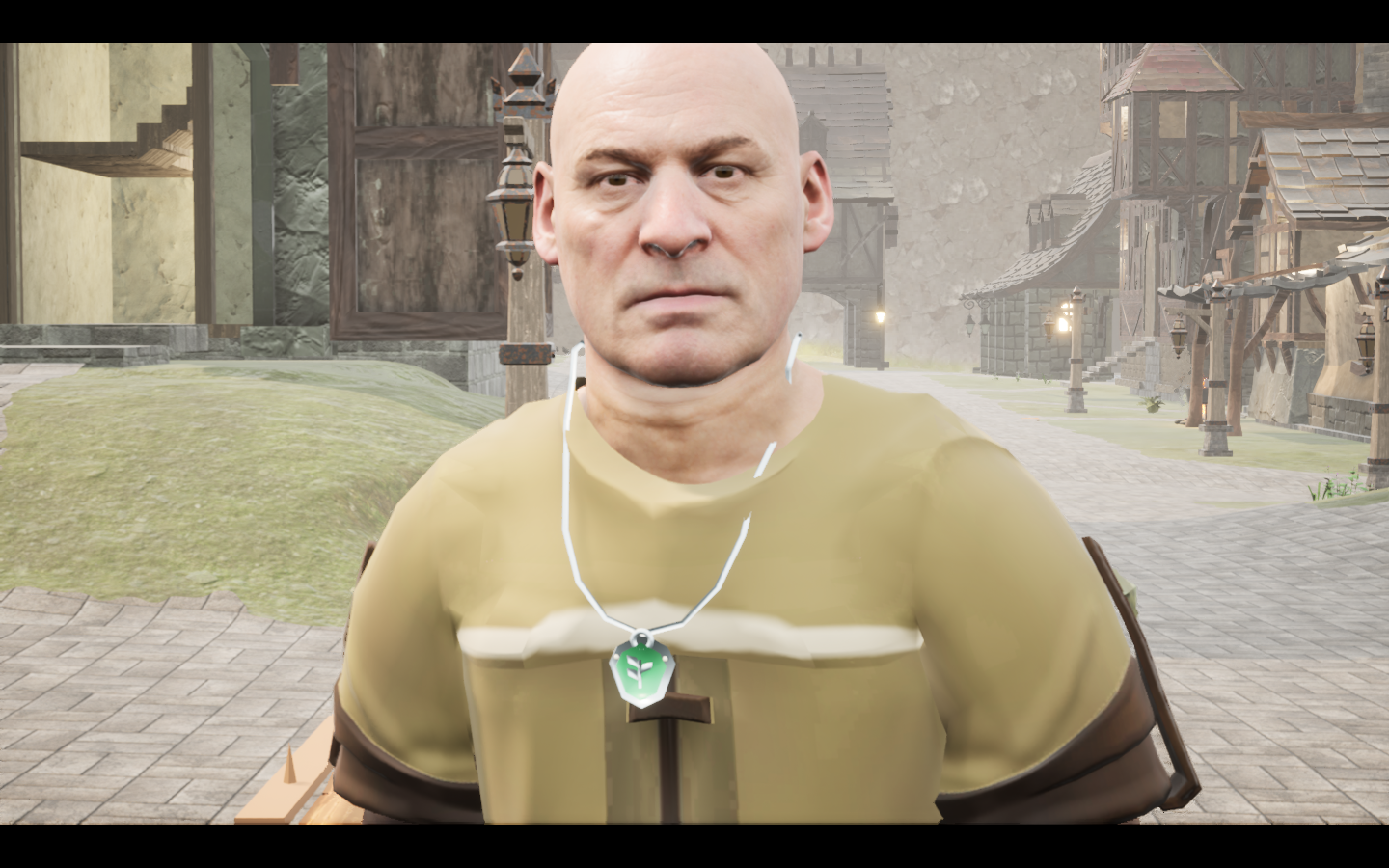 Greenheart Amulet equipped in game. Native game screenshot, masculine average body, front view.