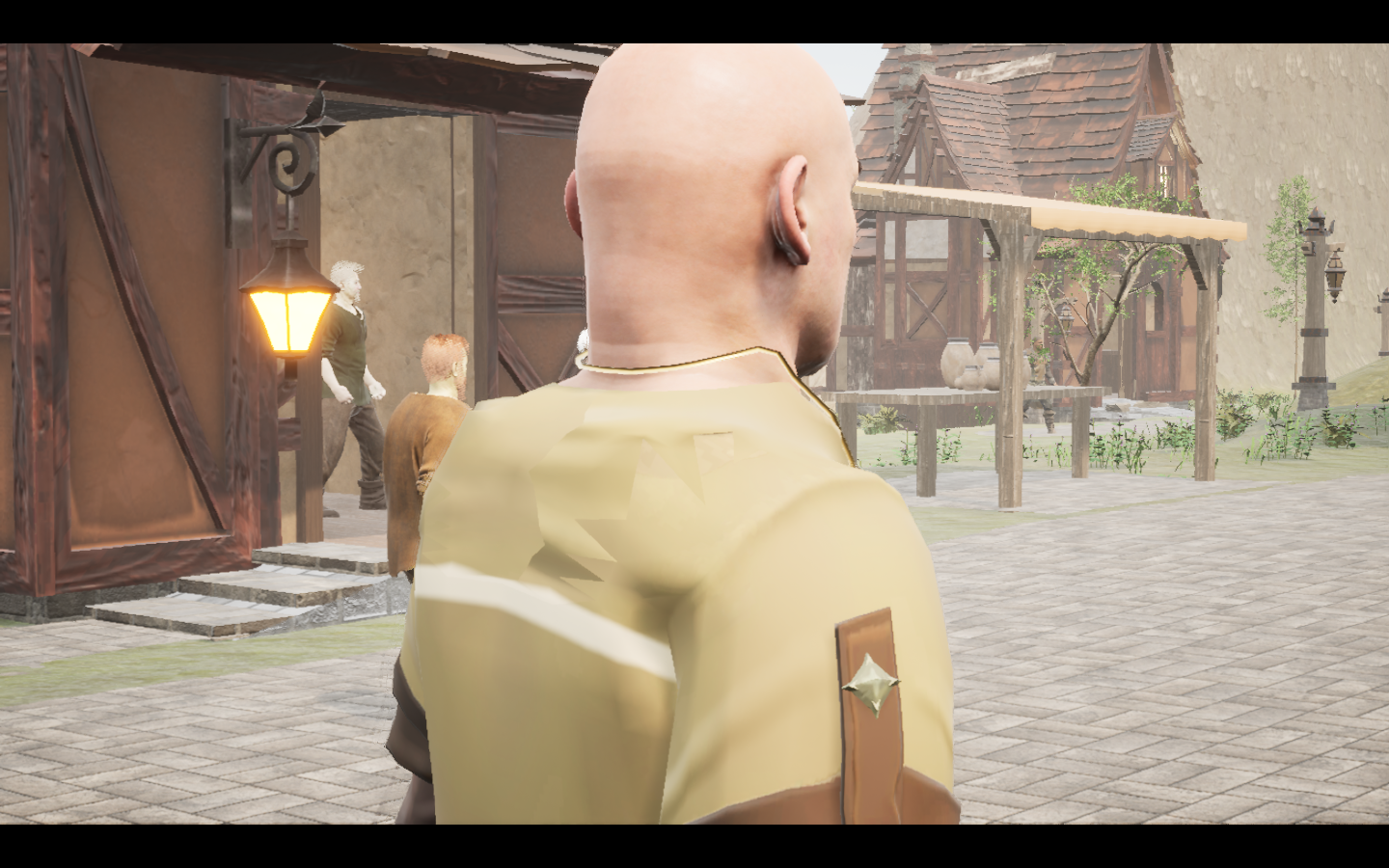 Bellowsong Amulet equipped in game. Native game screenshot, masculine average body, rear three-quarter view.