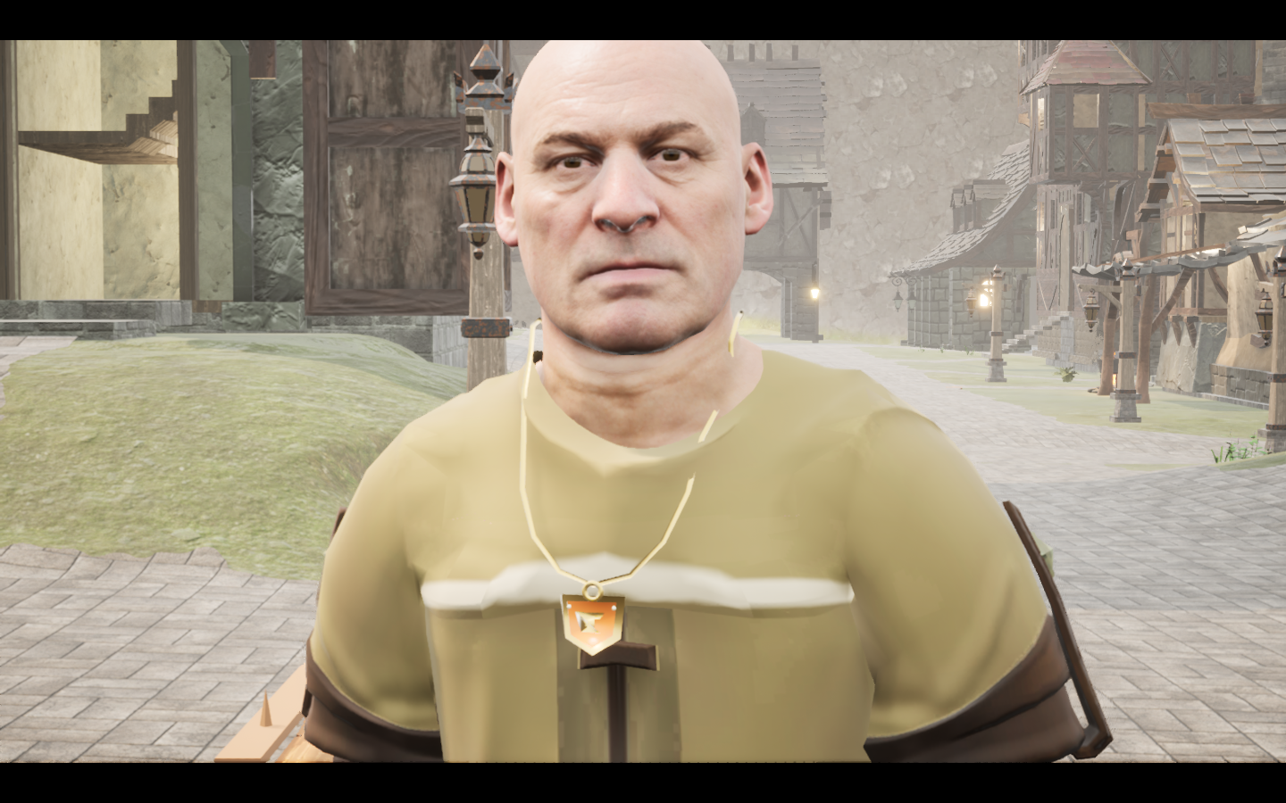 Bellowsong Amulet equipped in game. Native game screenshot, masculine average body, front view.