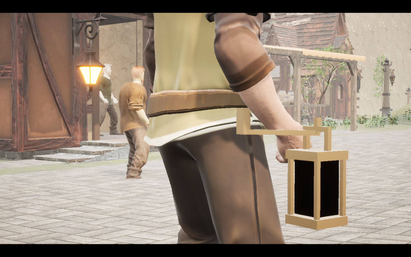 Mosslight lantern equipped in game. Native game screenshot, masculine average body, rear three-quarter view.