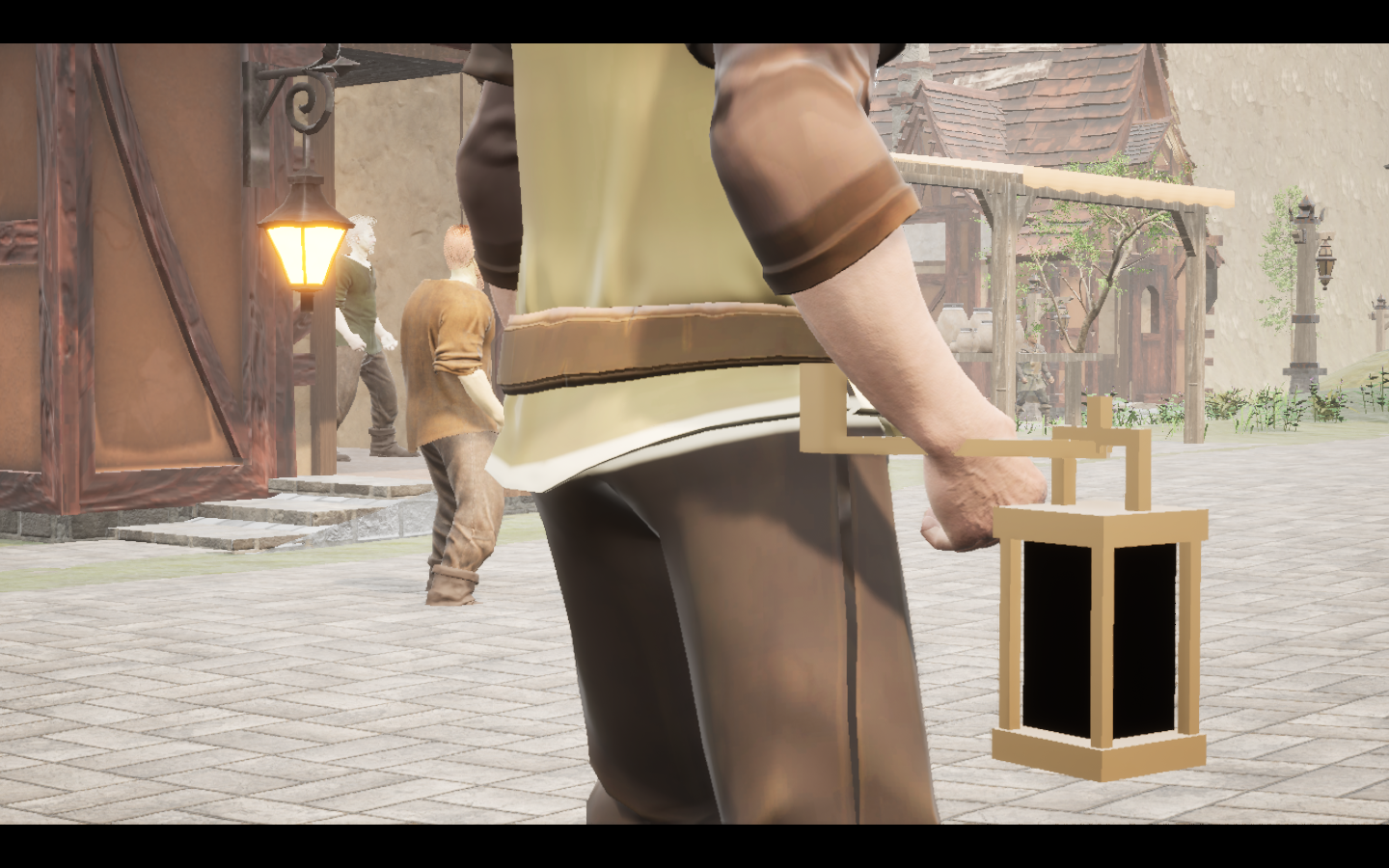 Duskglow lantern equipped in game. Native game screenshot, masculine average body, rear three-quarter view.