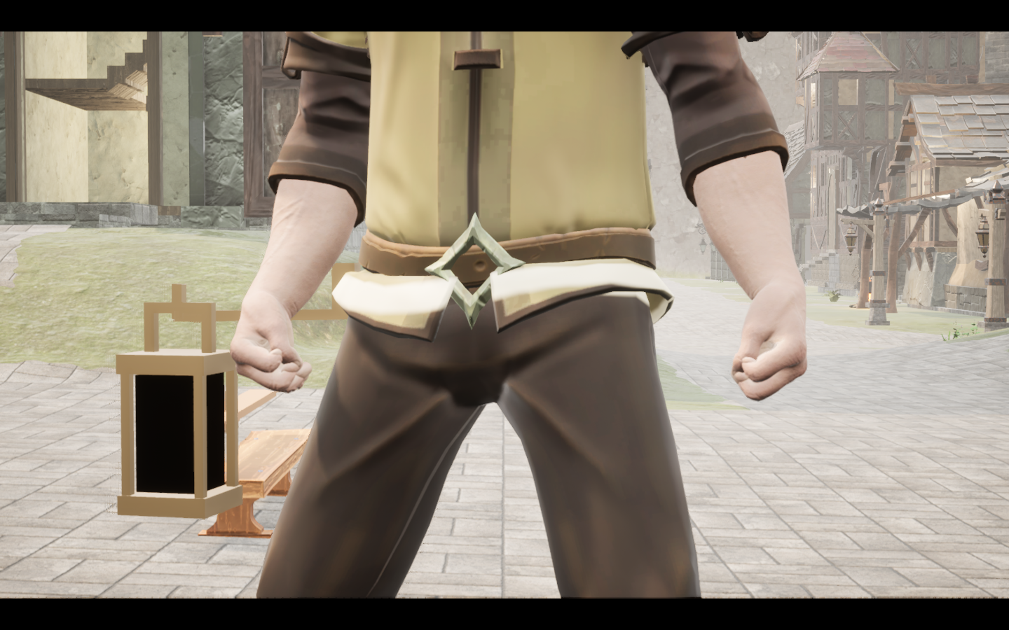 Duskglow lantern equipped in game. Native game screenshot, masculine average body, front view.