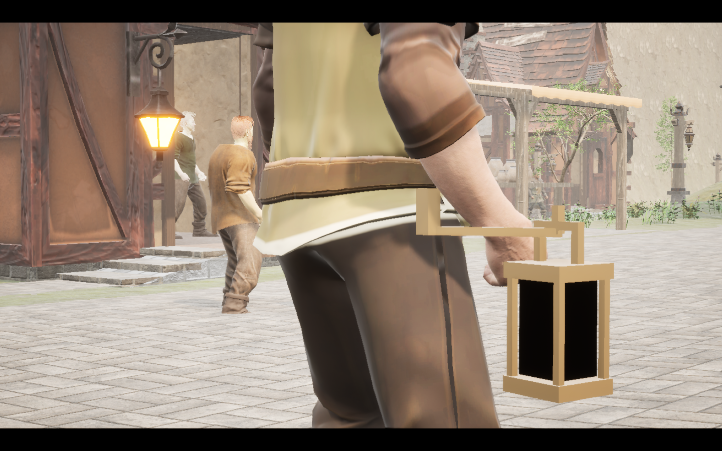 Tideglow lantern equipped in game. Native game screenshot, masculine average body, rear three-quarter view.