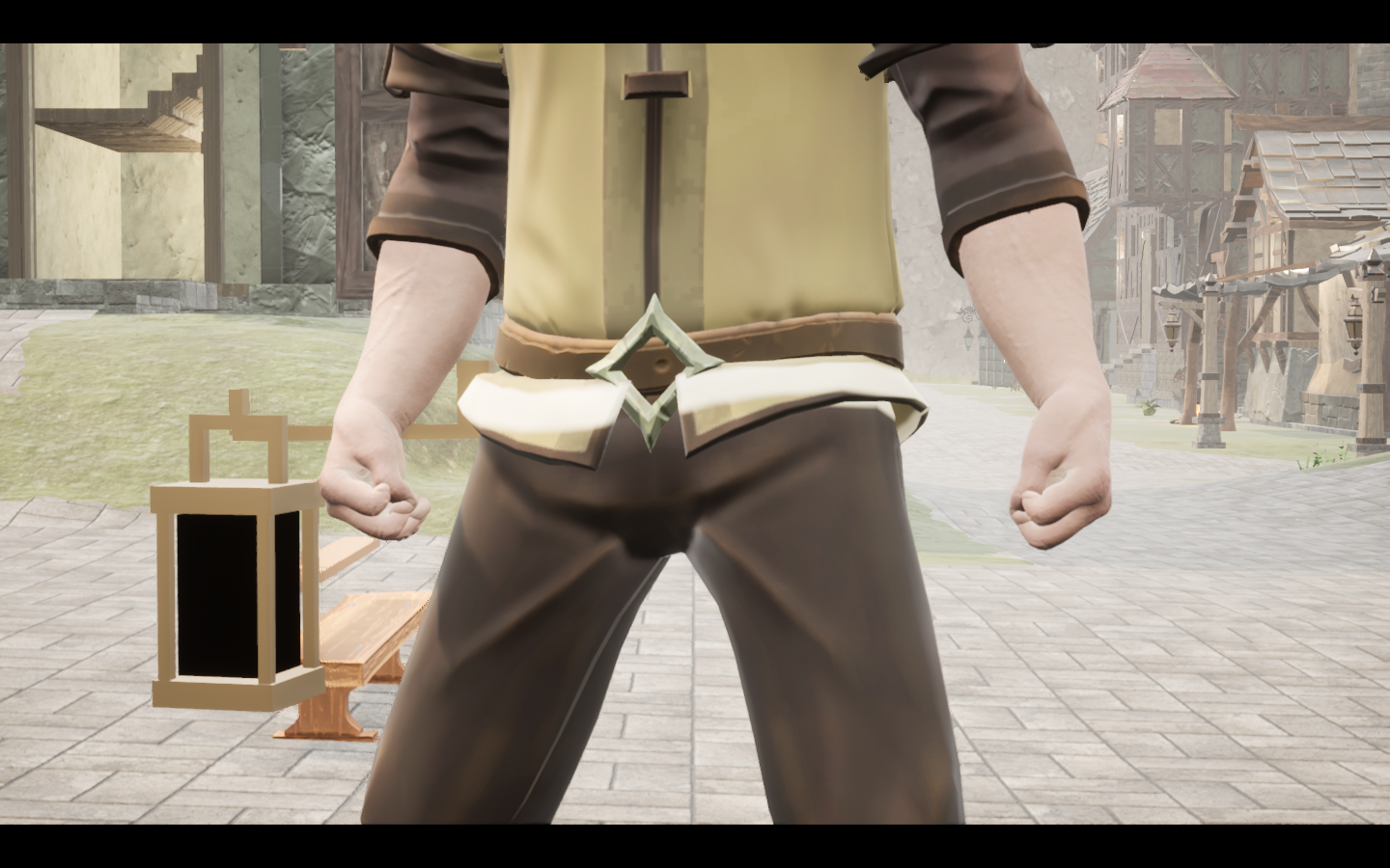 Tideglow lantern equipped in game. Native game screenshot, masculine average body, front view.